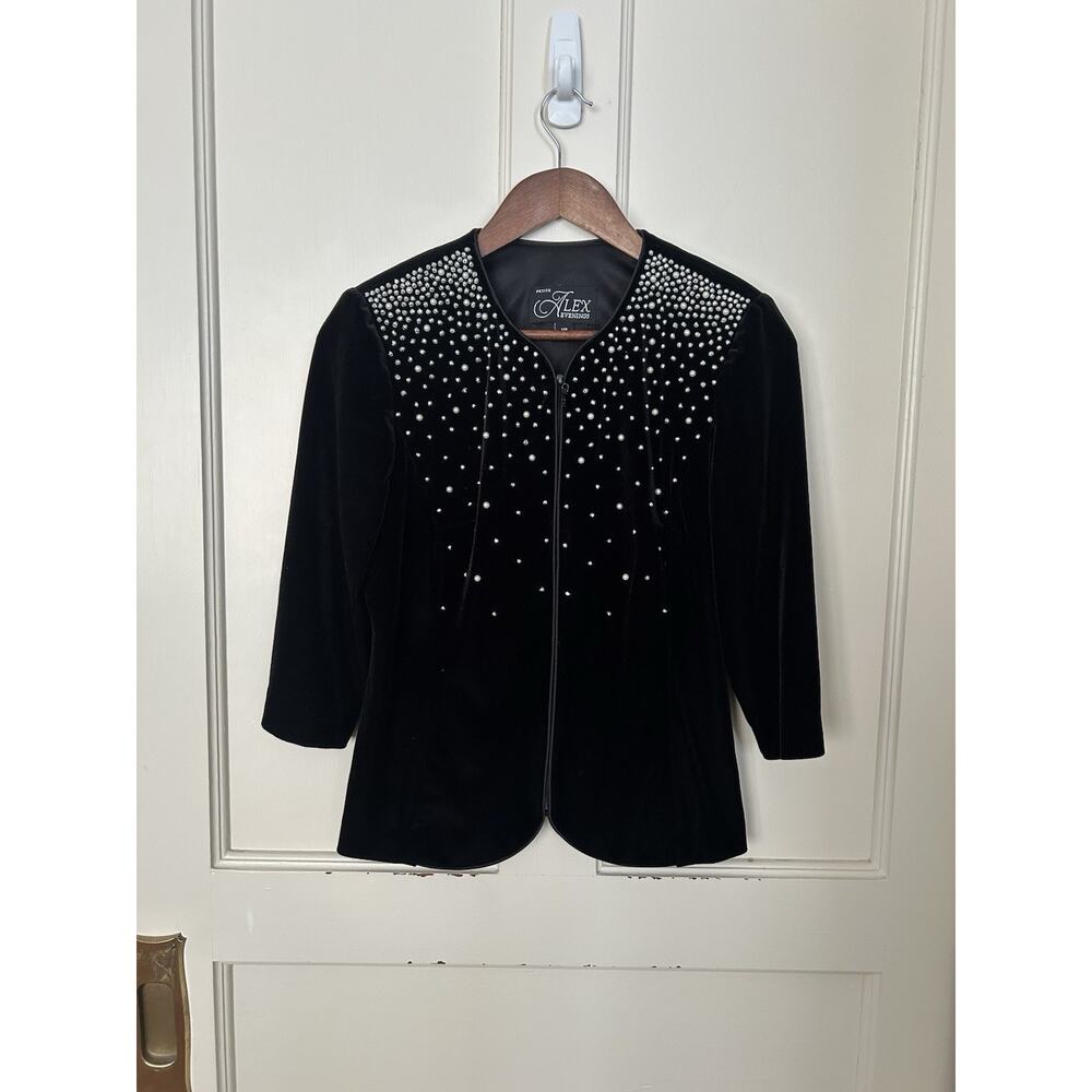 Alex Evenings Pearl Rhinestone Velvet Blazer Womens Size MP Black Classic Event